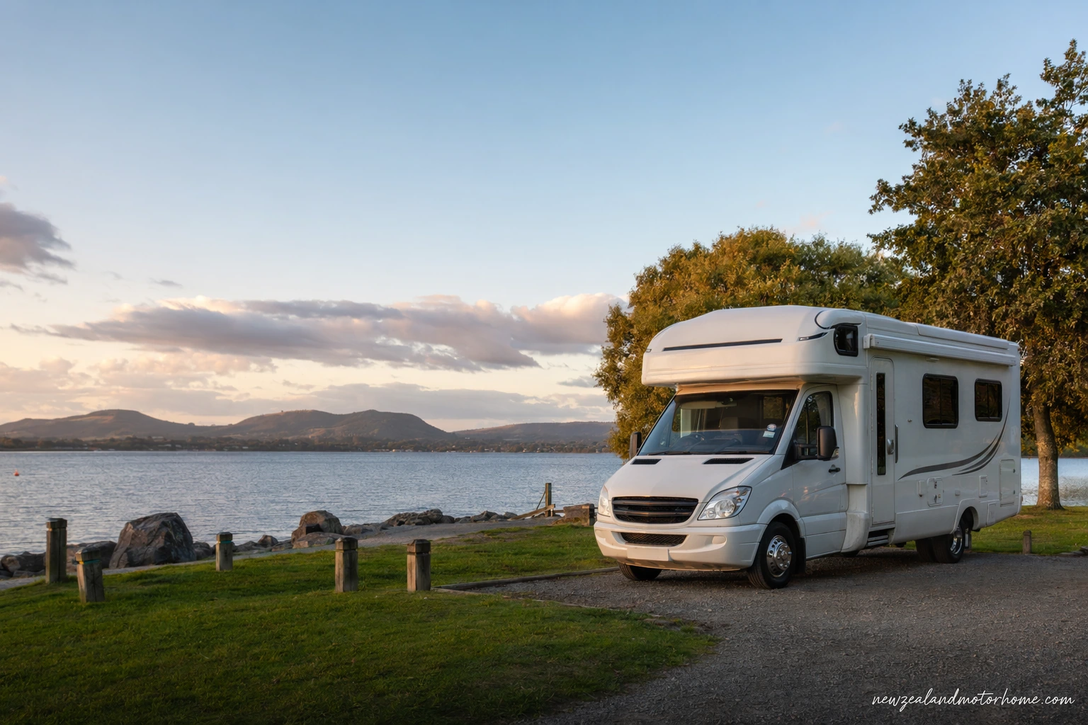 Campervan parked near a Rotorua lake with geothermal hills and native bush in the background