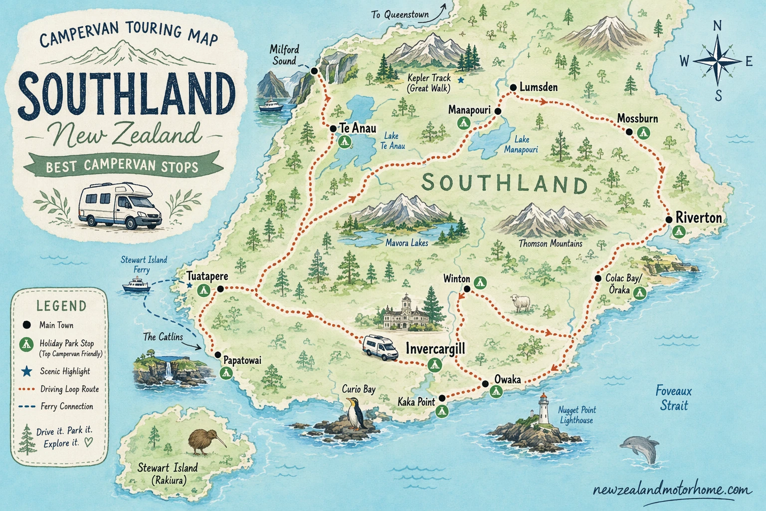 Illustrated campervan map — best campervan stops southland