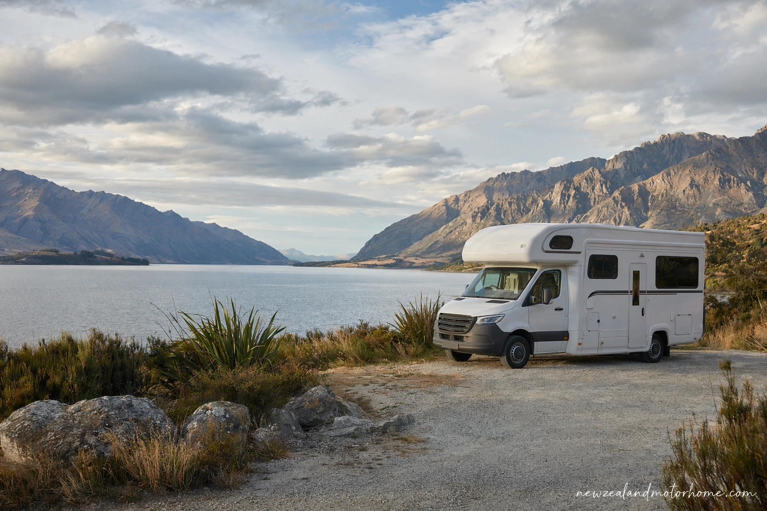 Campervan parked near a wild Southland coastline with open beach, low hills and moody southern sky