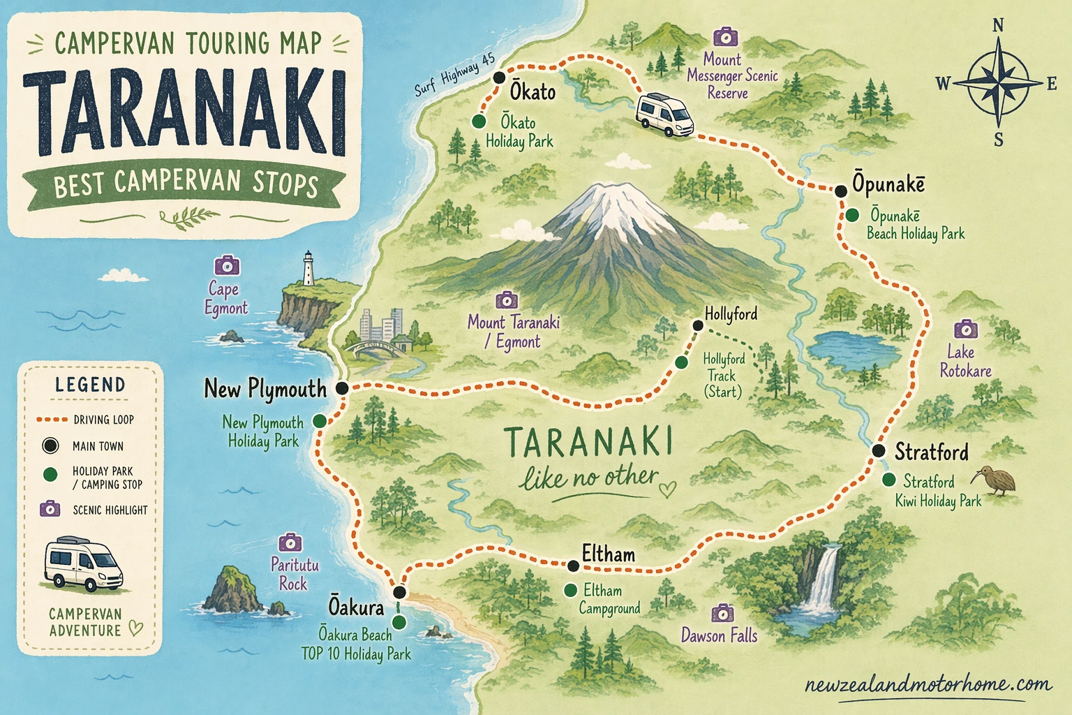 Illustrated campervan map — best campervan stops taranaki