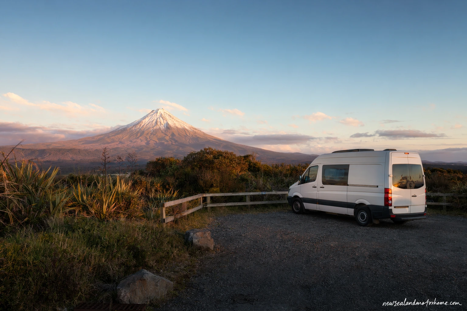 Campervan parked near the Taranaki coast with Mount Taranaki rising behind the beach road
