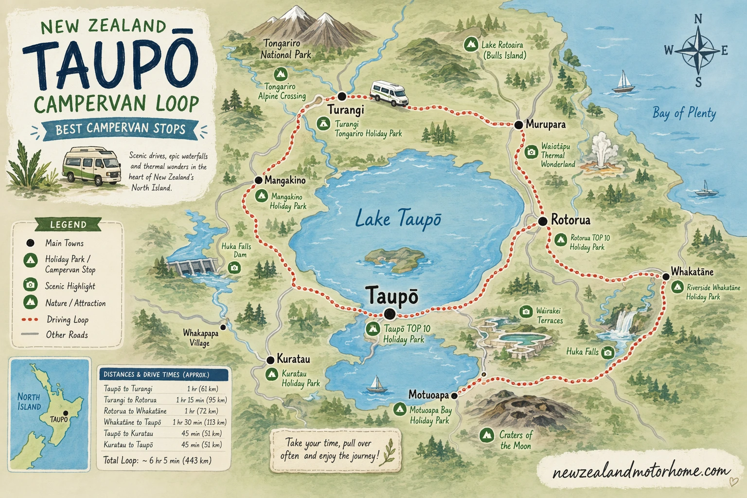 Illustrated campervan map — best campervan stops taupo