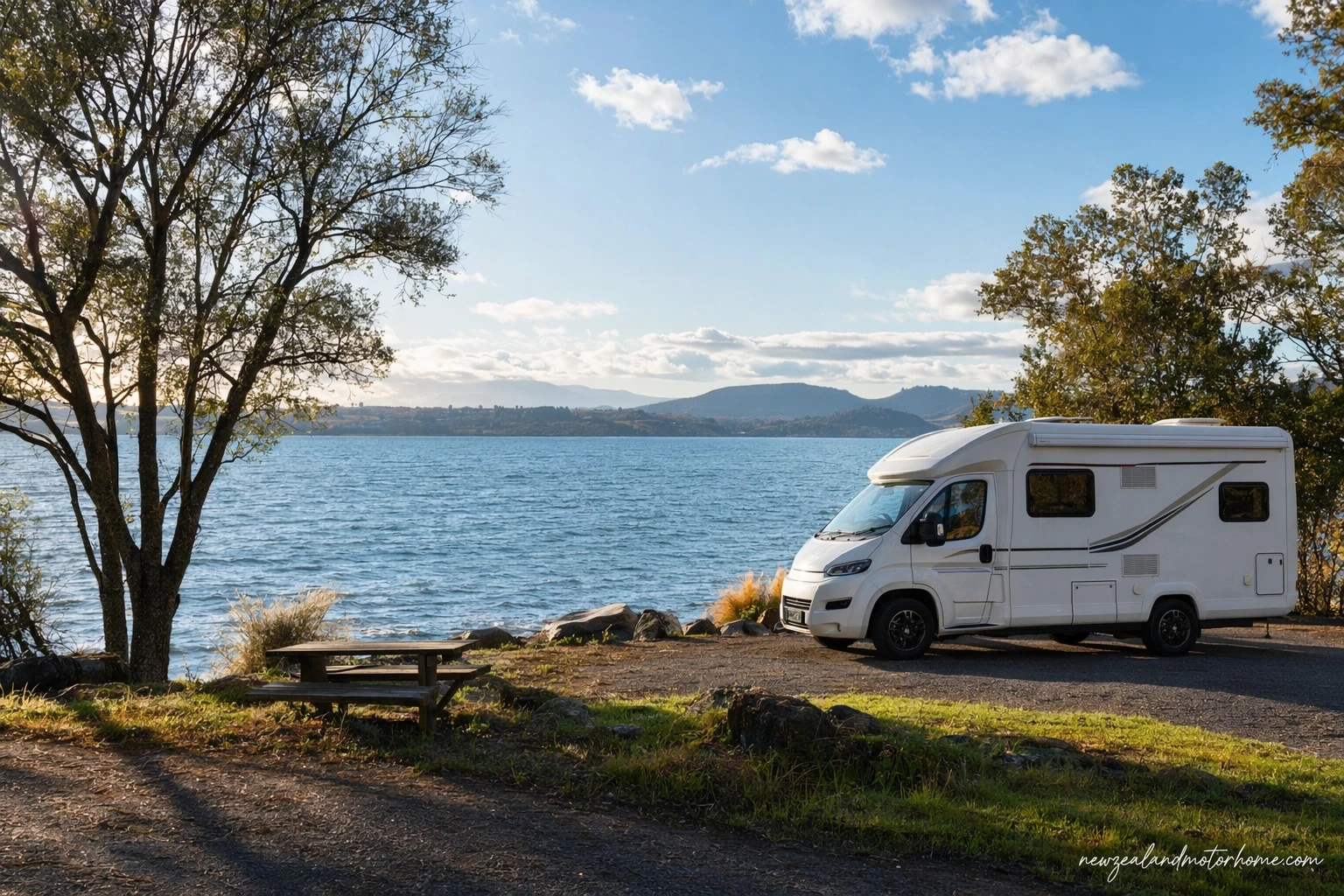 Campervan parked beside Lake Taupō with mountain views across the water