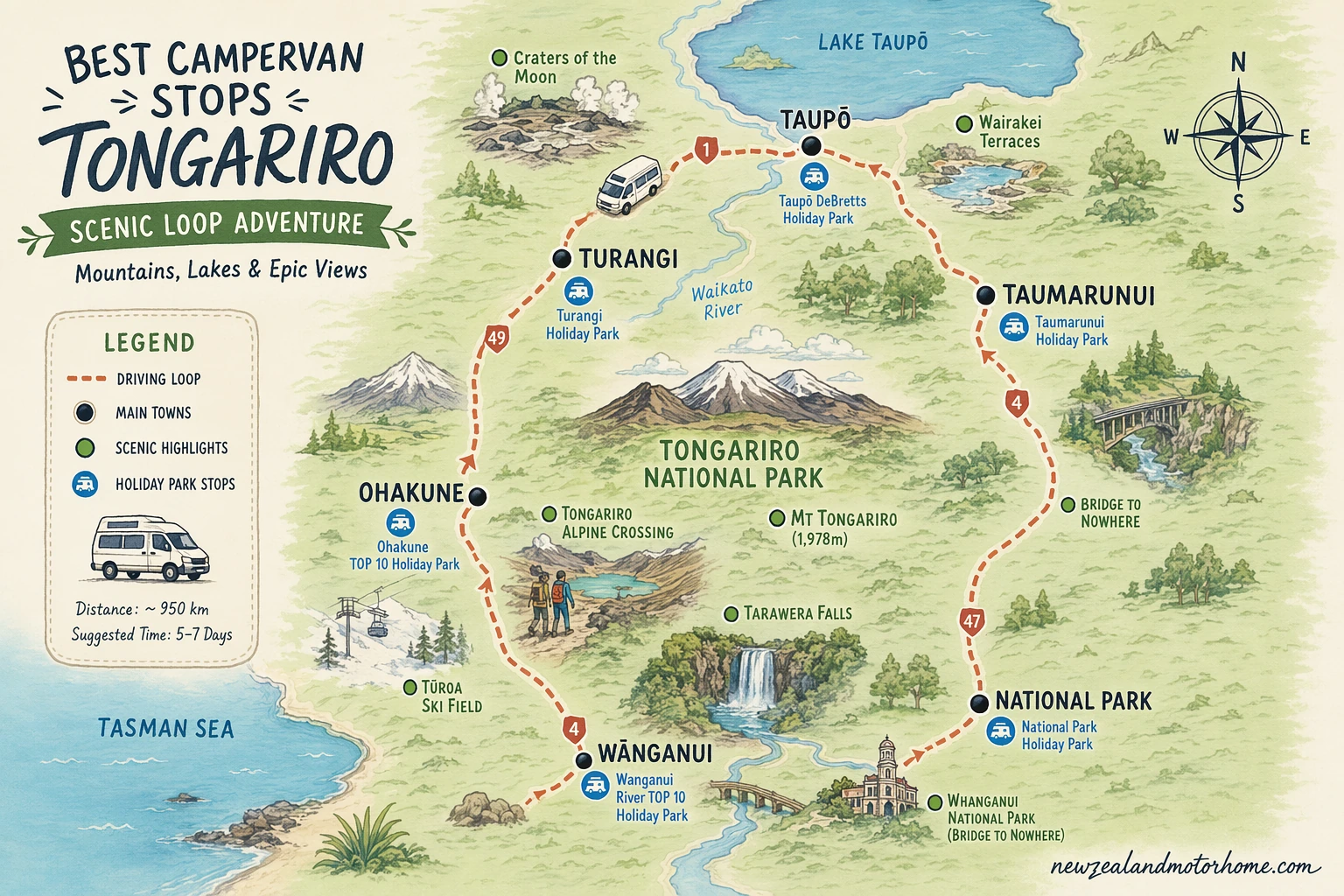 Illustrated campervan map — best campervan stops tongariro