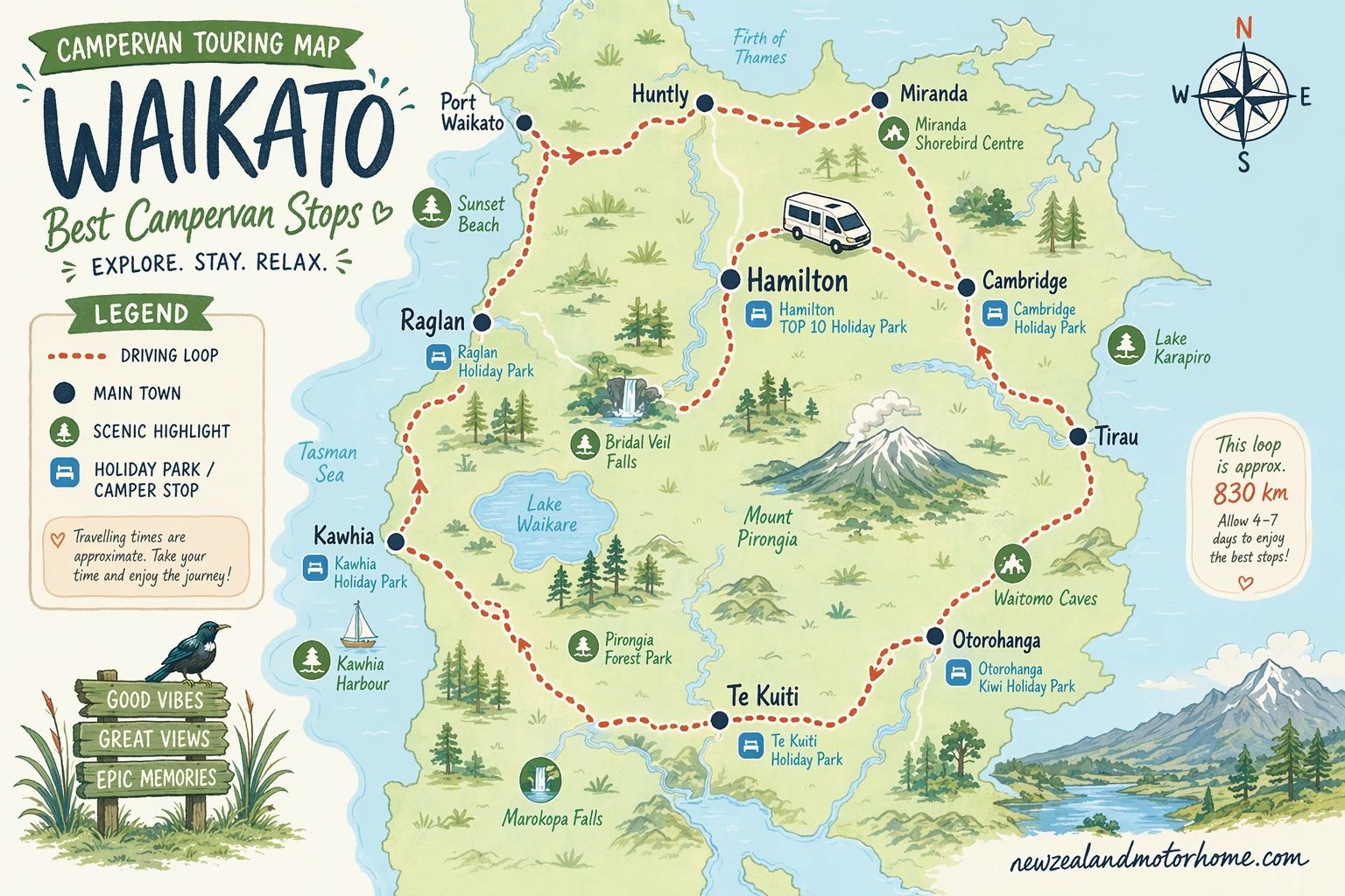 Illustrated campervan map — best campervan stops waikato