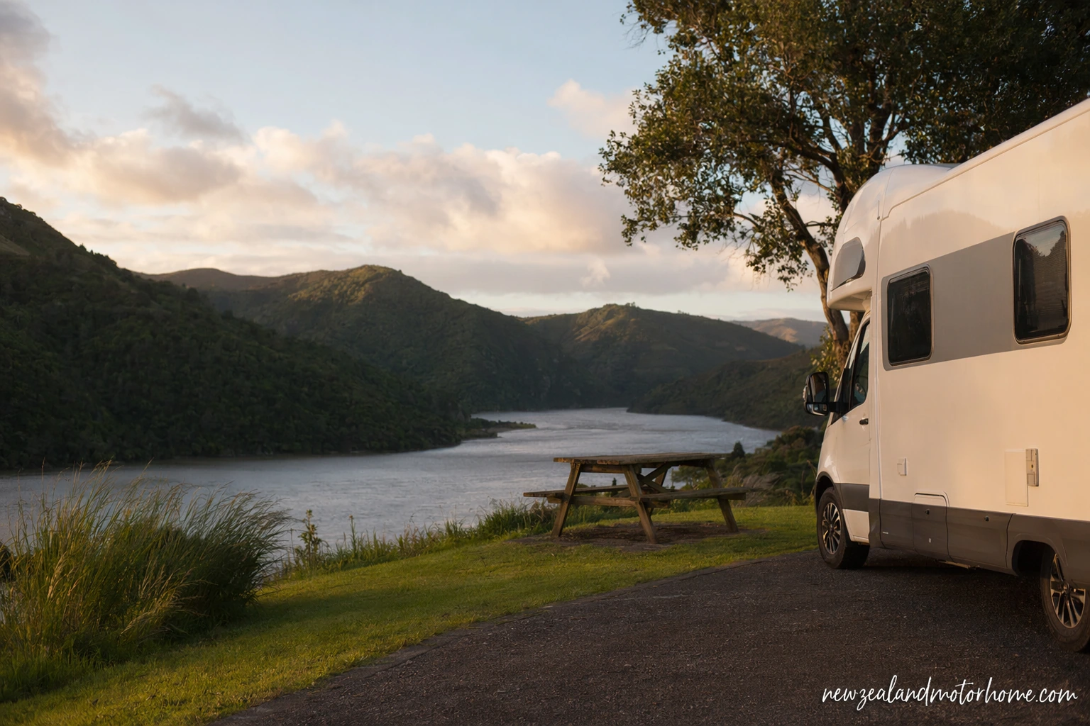 Campervan parked beside green Waikato farmland with rolling hills in the distance