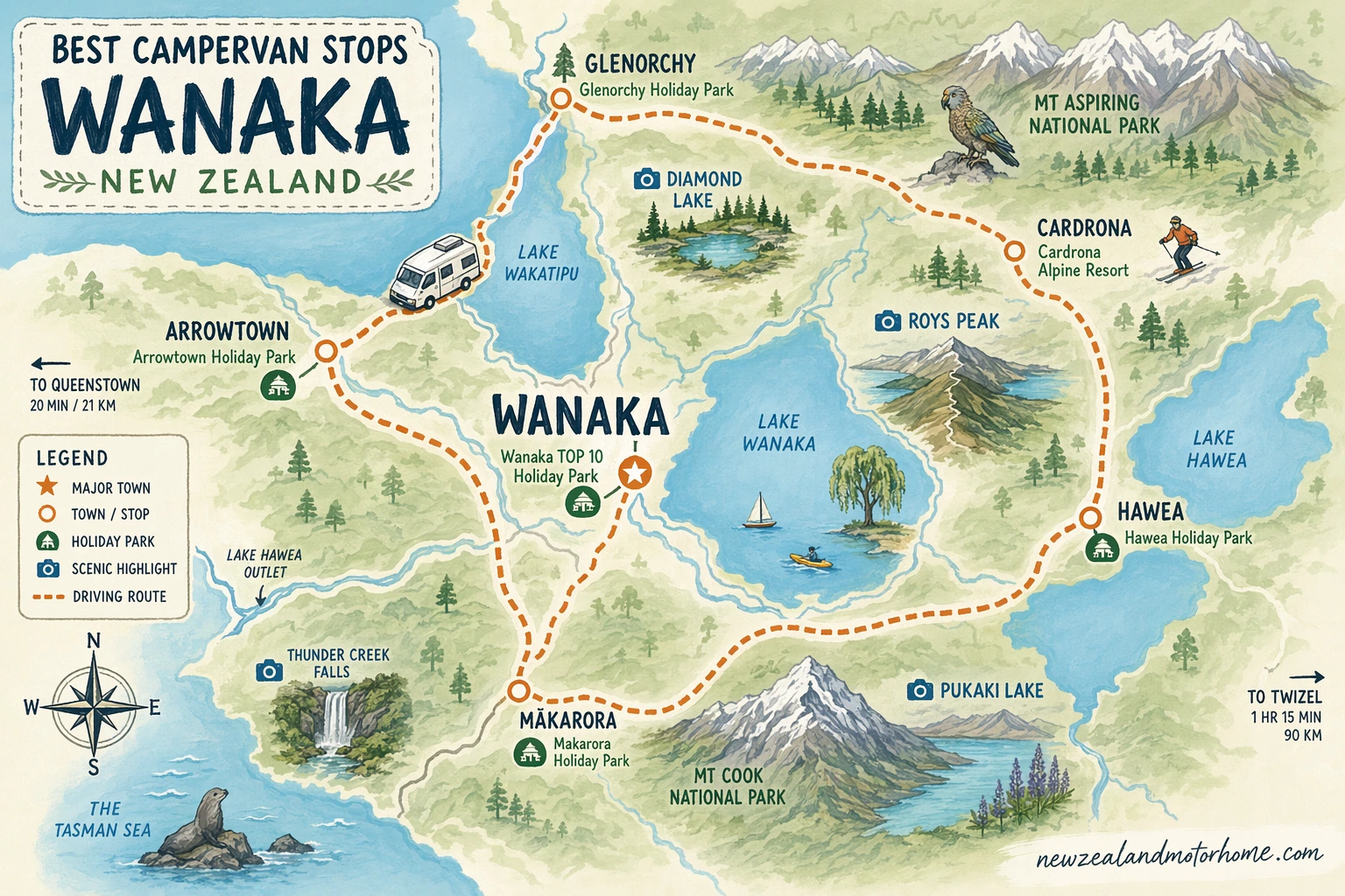 Illustrated campervan map — best campervan stops wanaka