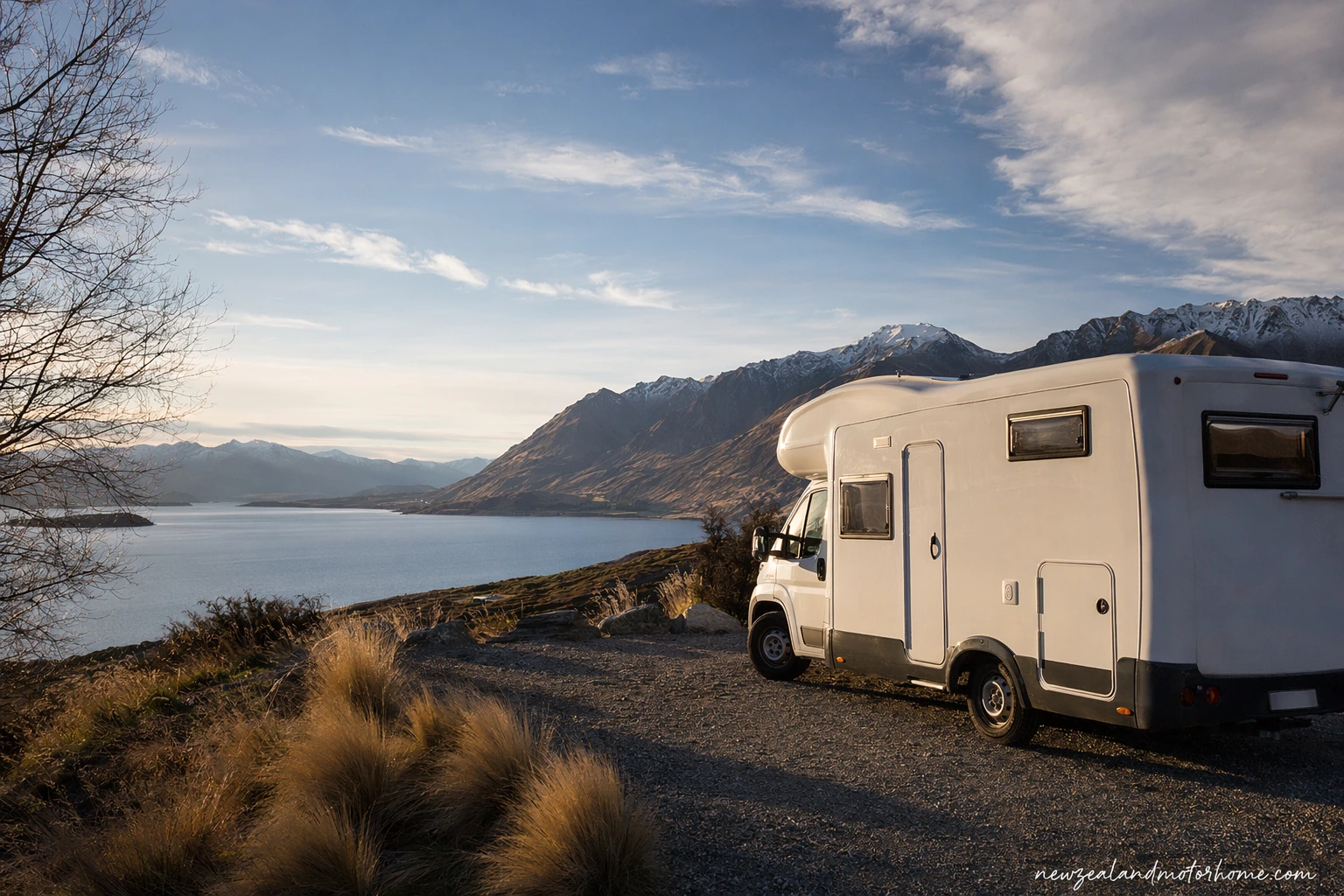 Campervan parked beside Lake Wanaka with mountains behind and the town shoreline nearby