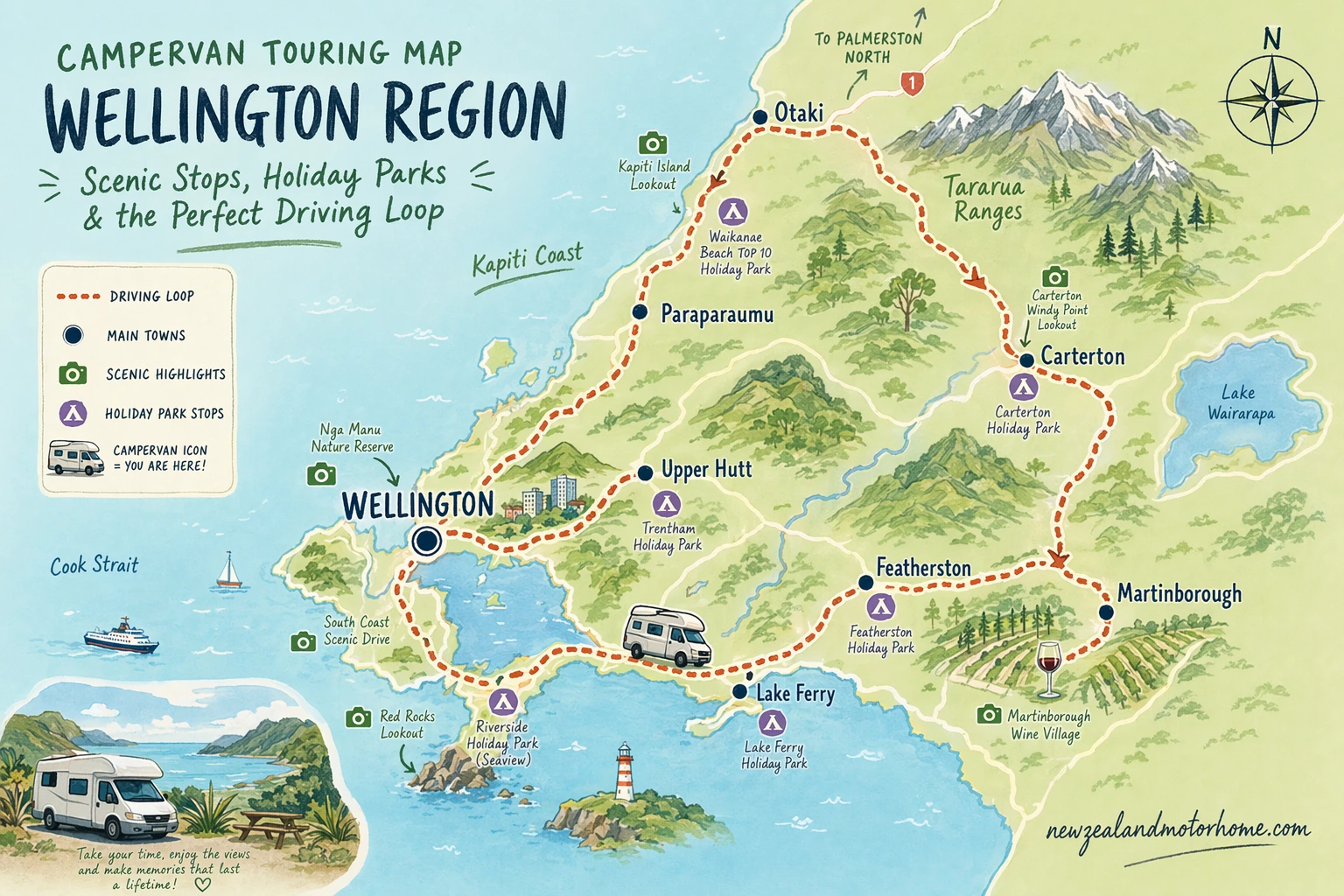 Illustrated campervan map — best campervan stops wellington