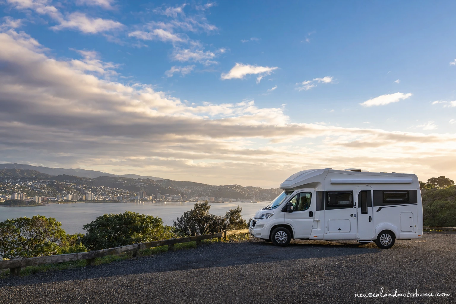 Campervan parked above Wellington Harbour with city hills and coastal roads in view