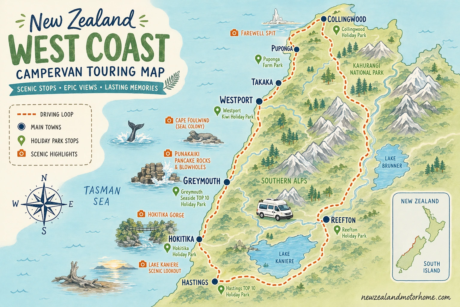 Illustrated campervan map — best campervan stops west coast
