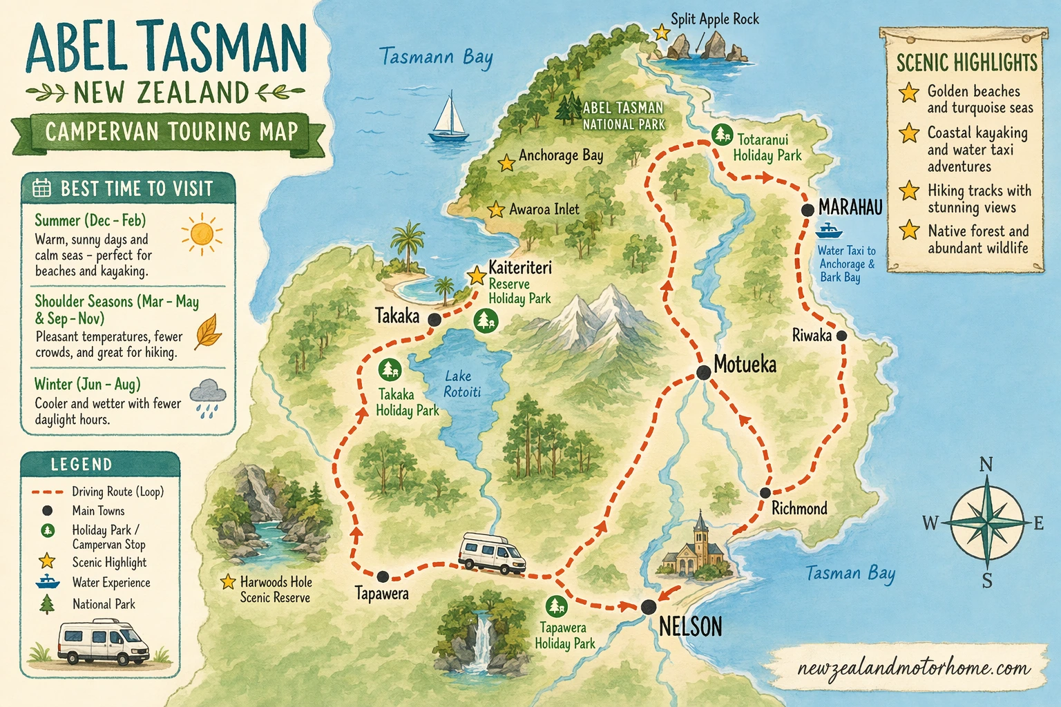 Illustrated campervan map — best time to visit abel tasman nz
