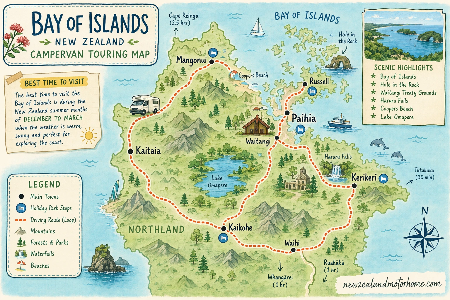 Illustrated campervan map — best time to visit bay of islands nz