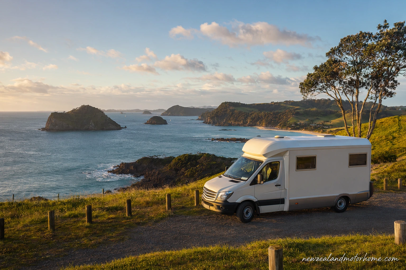 Campervan parked above a sheltered beach in the Bay of Islands