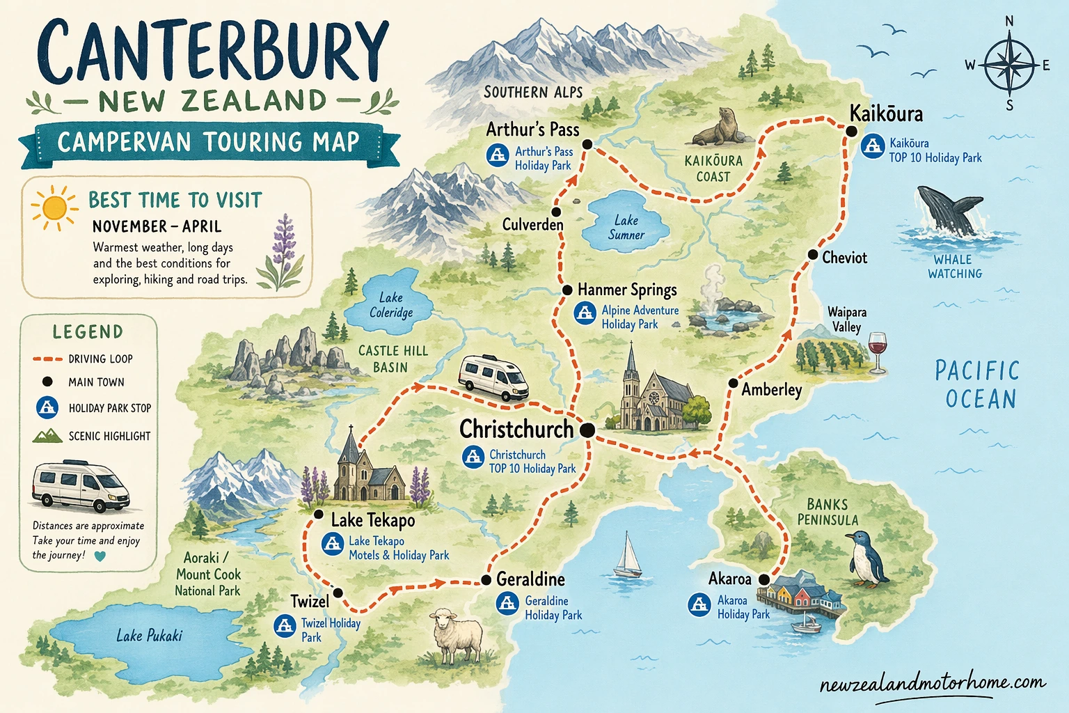Illustrated campervan map — best time to visit canterbury nz