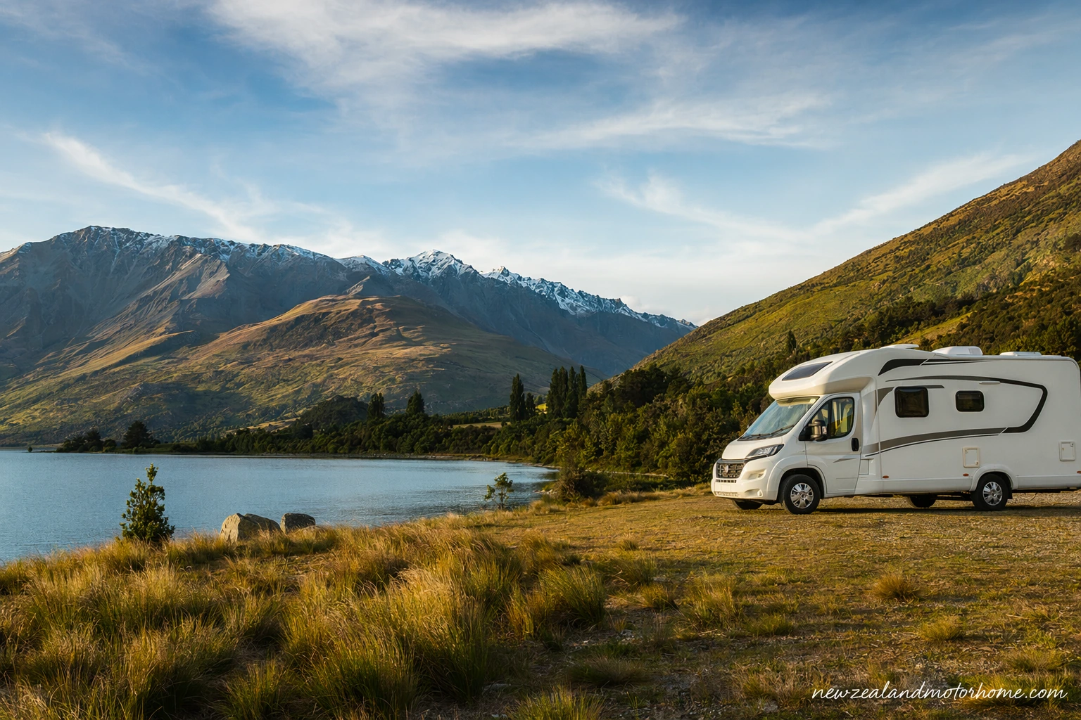 Campervan parked beside a Canterbury high country road with mountains and open plains in the distance