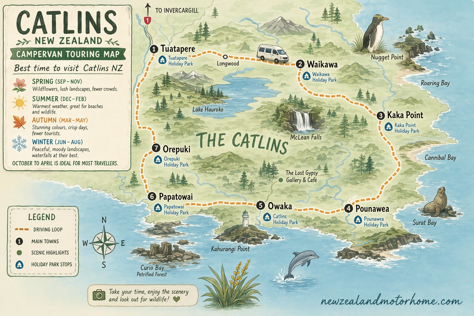 Illustrated campervan map — best time to visit catlins nz