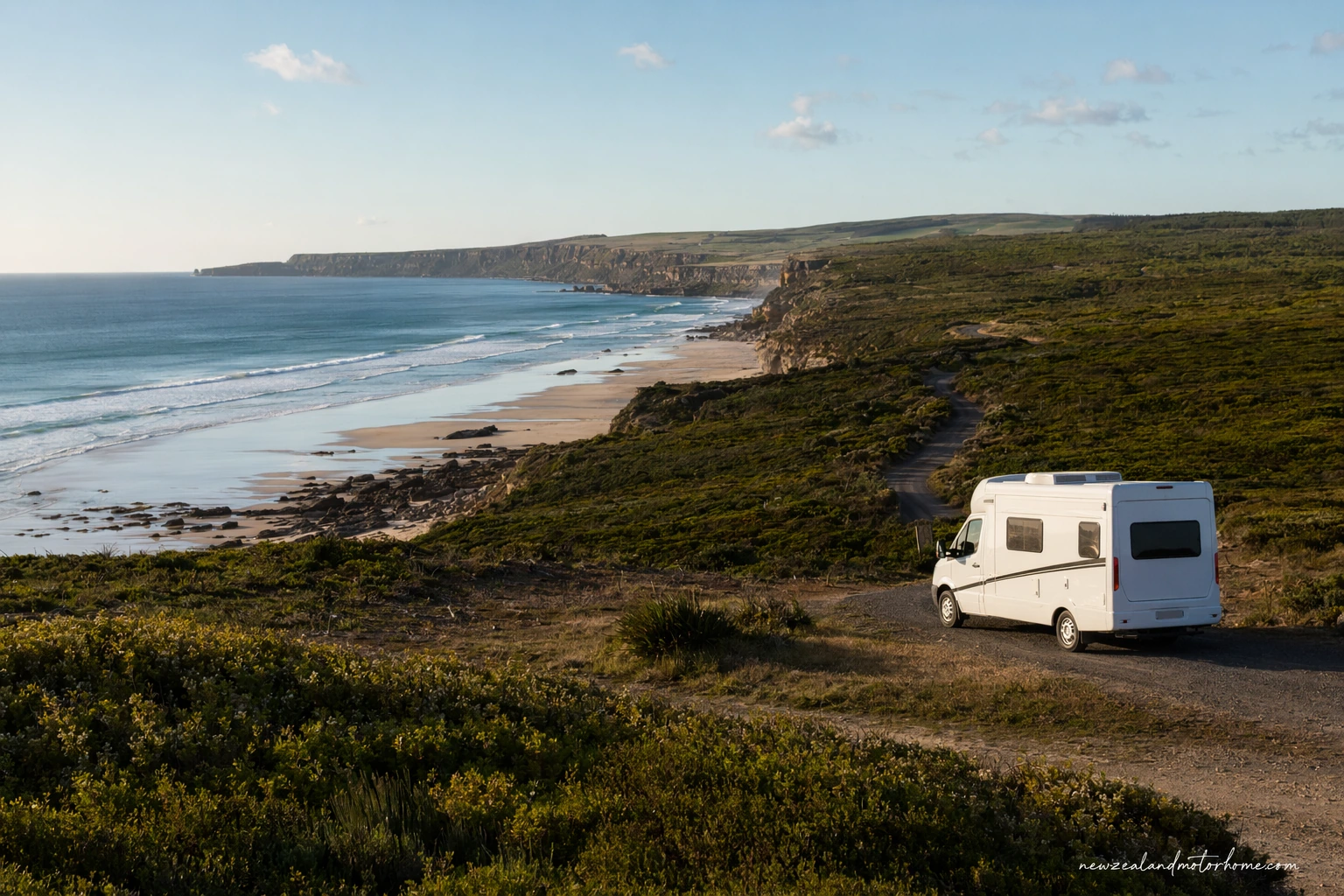 Campervan parked near the rugged Catlins coast on a calm southern New Zealand day