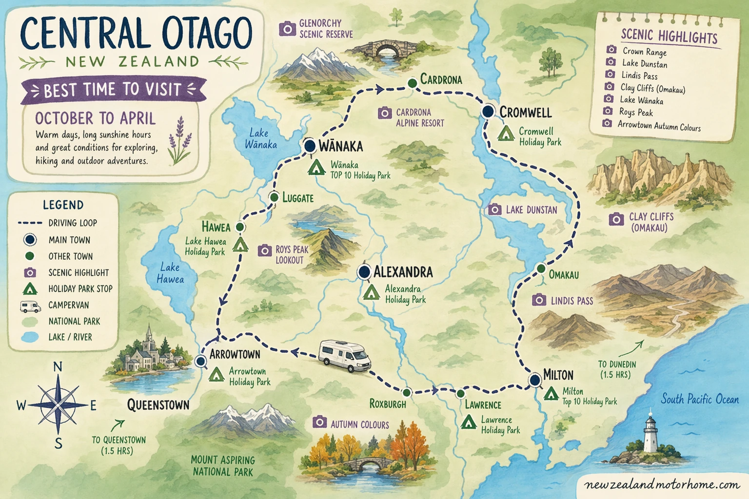 Illustrated campervan map — best time to visit central otago nz