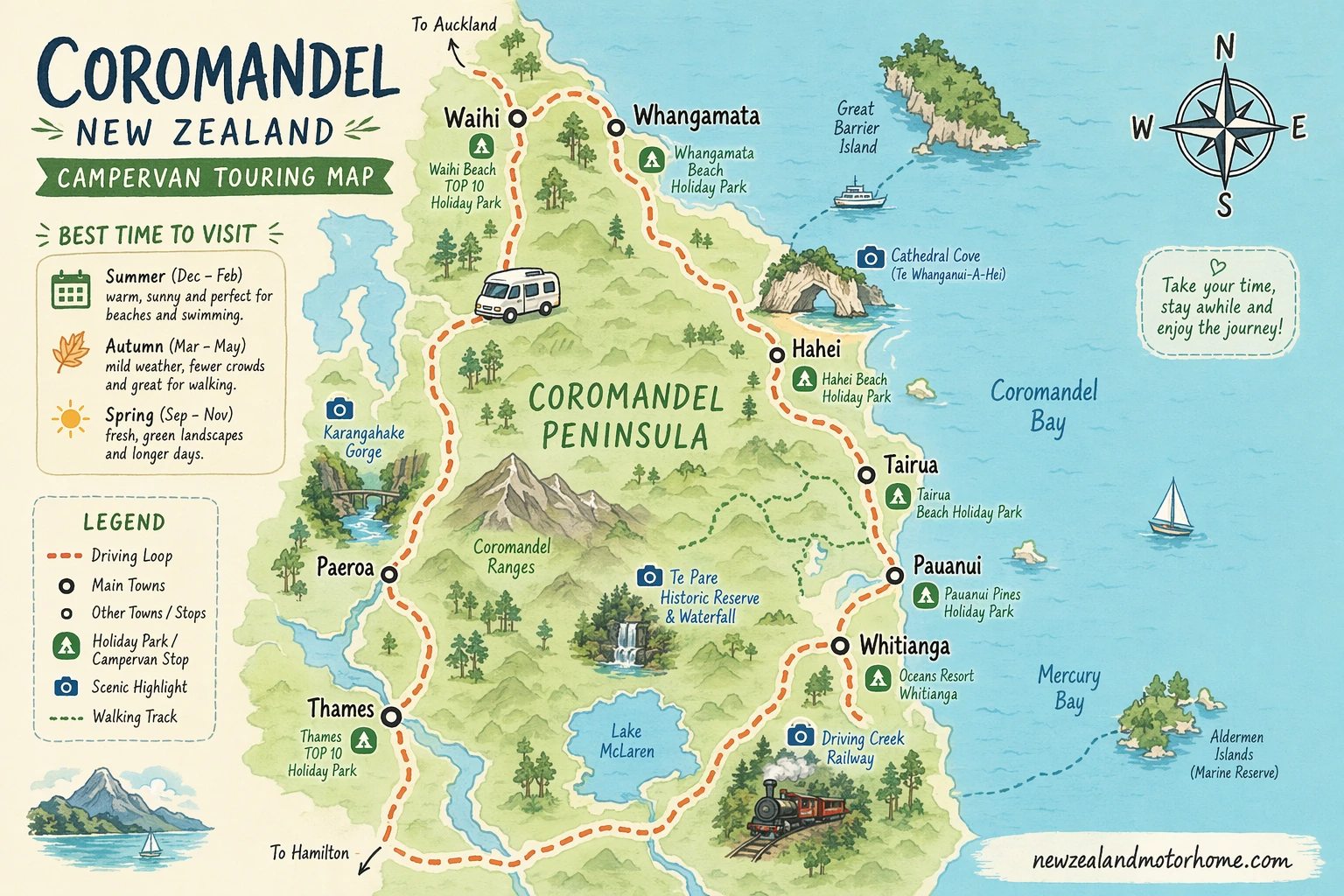 Illustrated campervan map — best time to visit coromandel nz