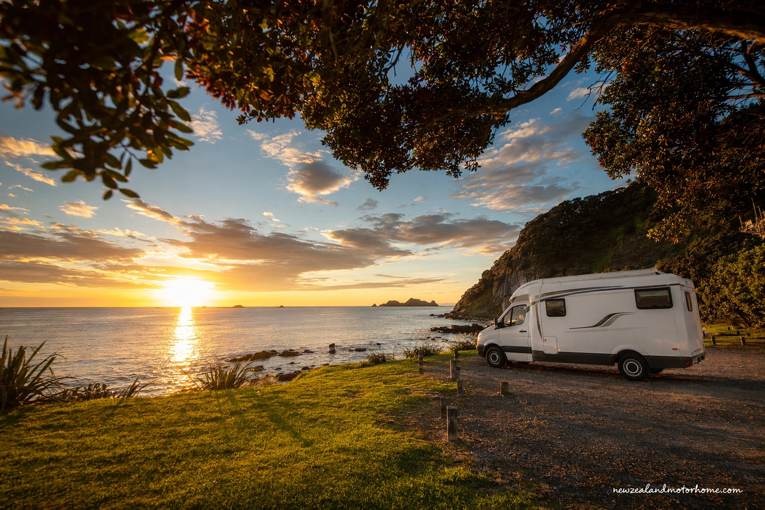 Campervan parked near a Coromandel beach lookout with coastal hills and blue water