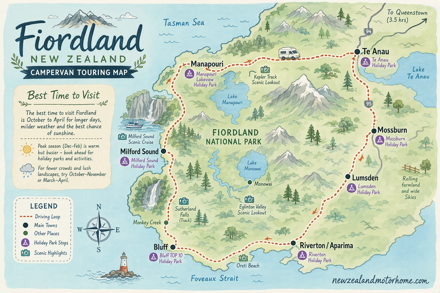 Illustrated campervan map — best time to visit fiordland nz