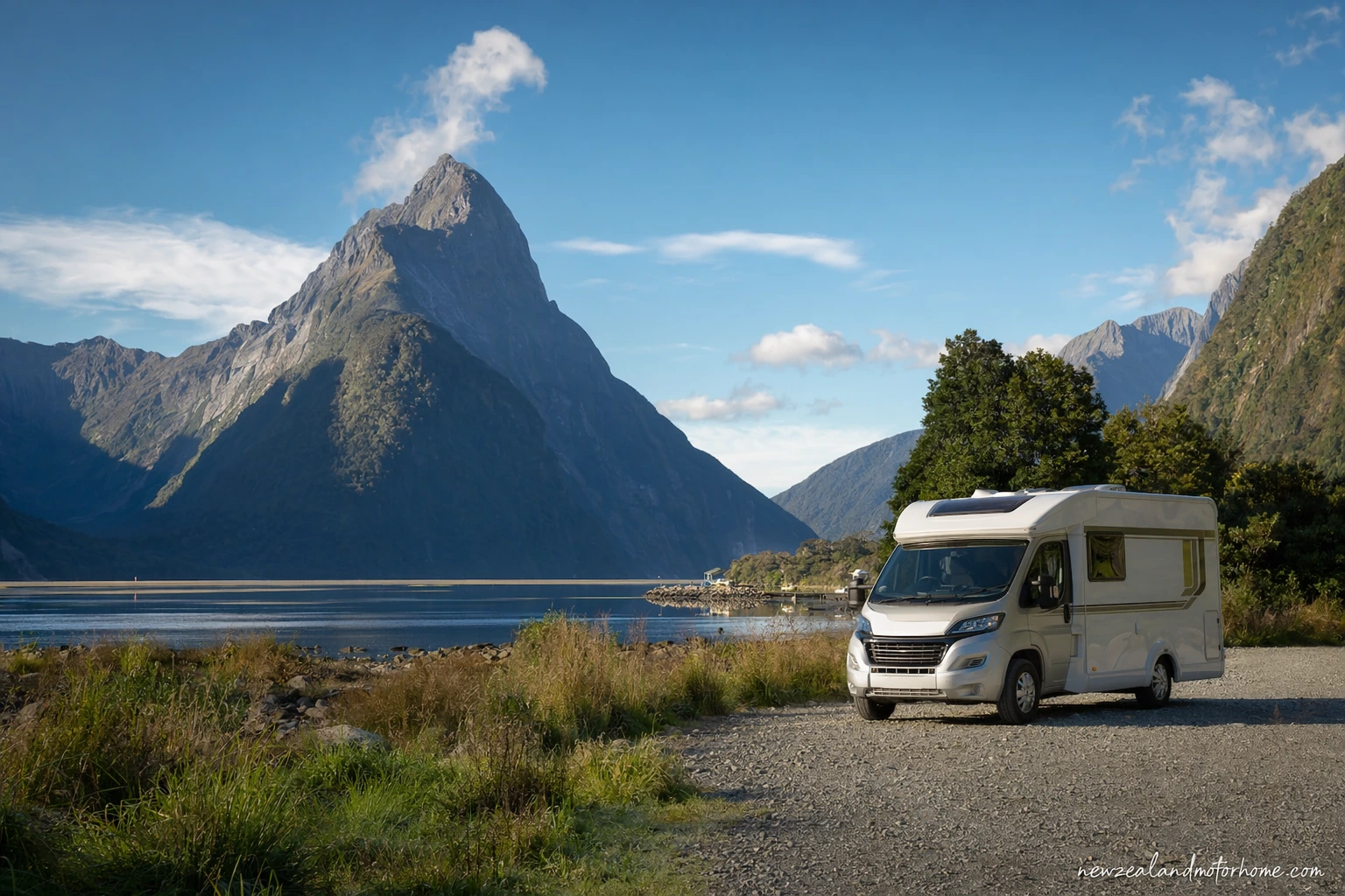 Campervan parked beside Lake Te Anau with Fiordland mountains and low cloud in the background
