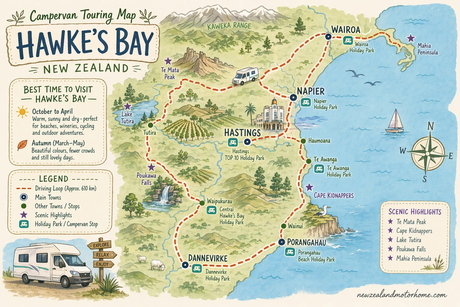 Illustrated campervan map — best time to visit hawkes bay nz