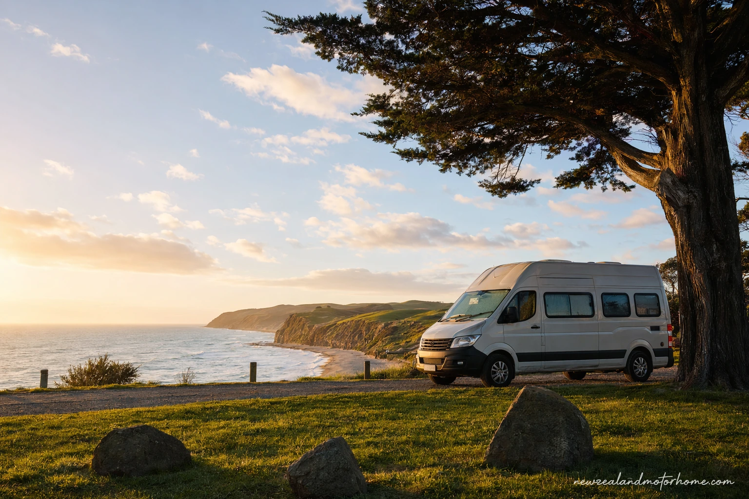 Campervan parked near vineyards and coastal hills in Hawke's Bay