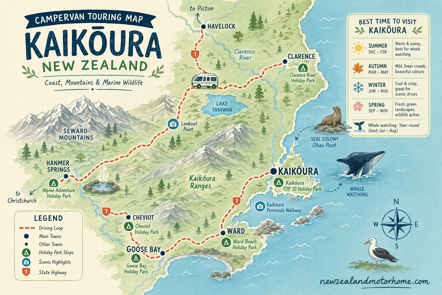 Illustrated campervan map — best time to visit kaikoura nz