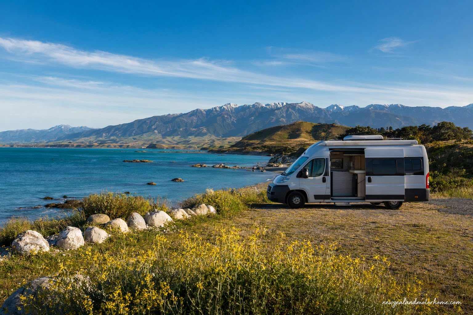 Campervan parked near the Kaikōura coast with mountains behind the town