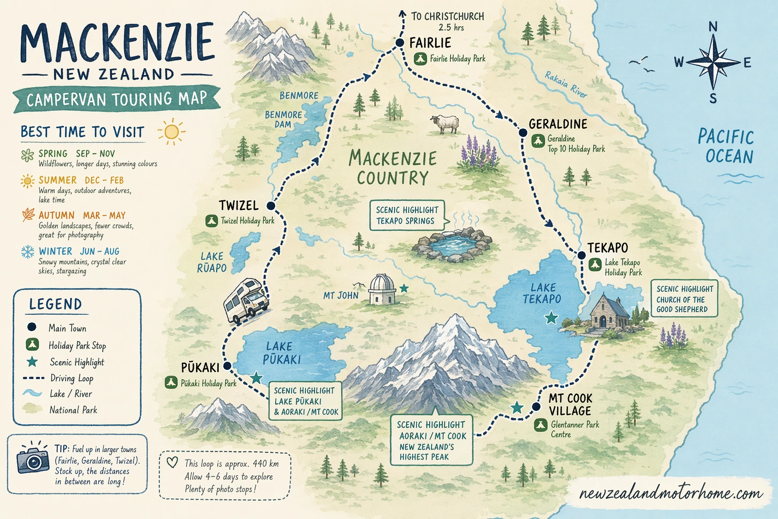 Illustrated campervan map — best time to visit mackenzie nz