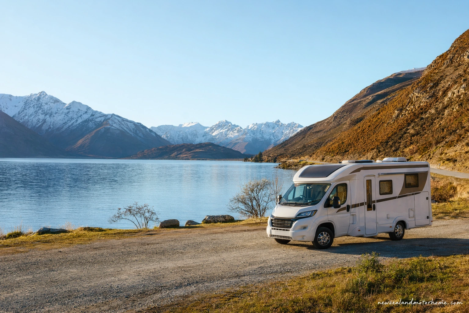 Campervan parked near Lake Pukaki in the Mackenzie Basin with Aoraki Mount Cook beyond