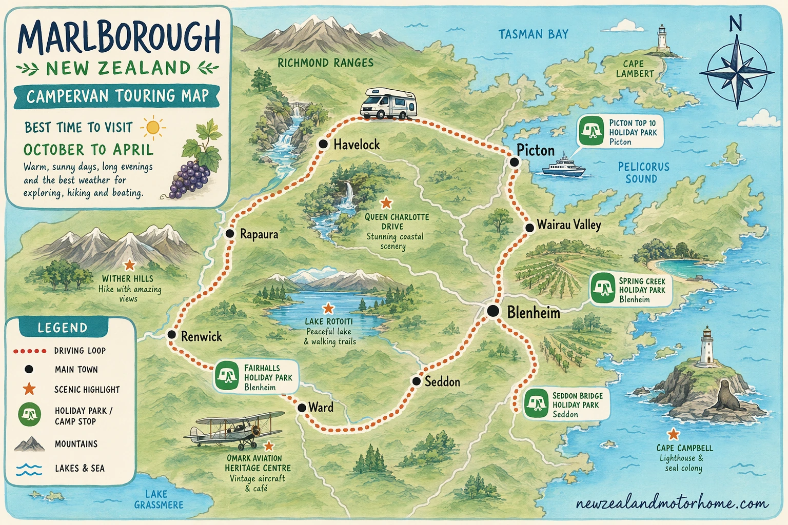 Illustrated campervan map — best time to visit marlborough nz