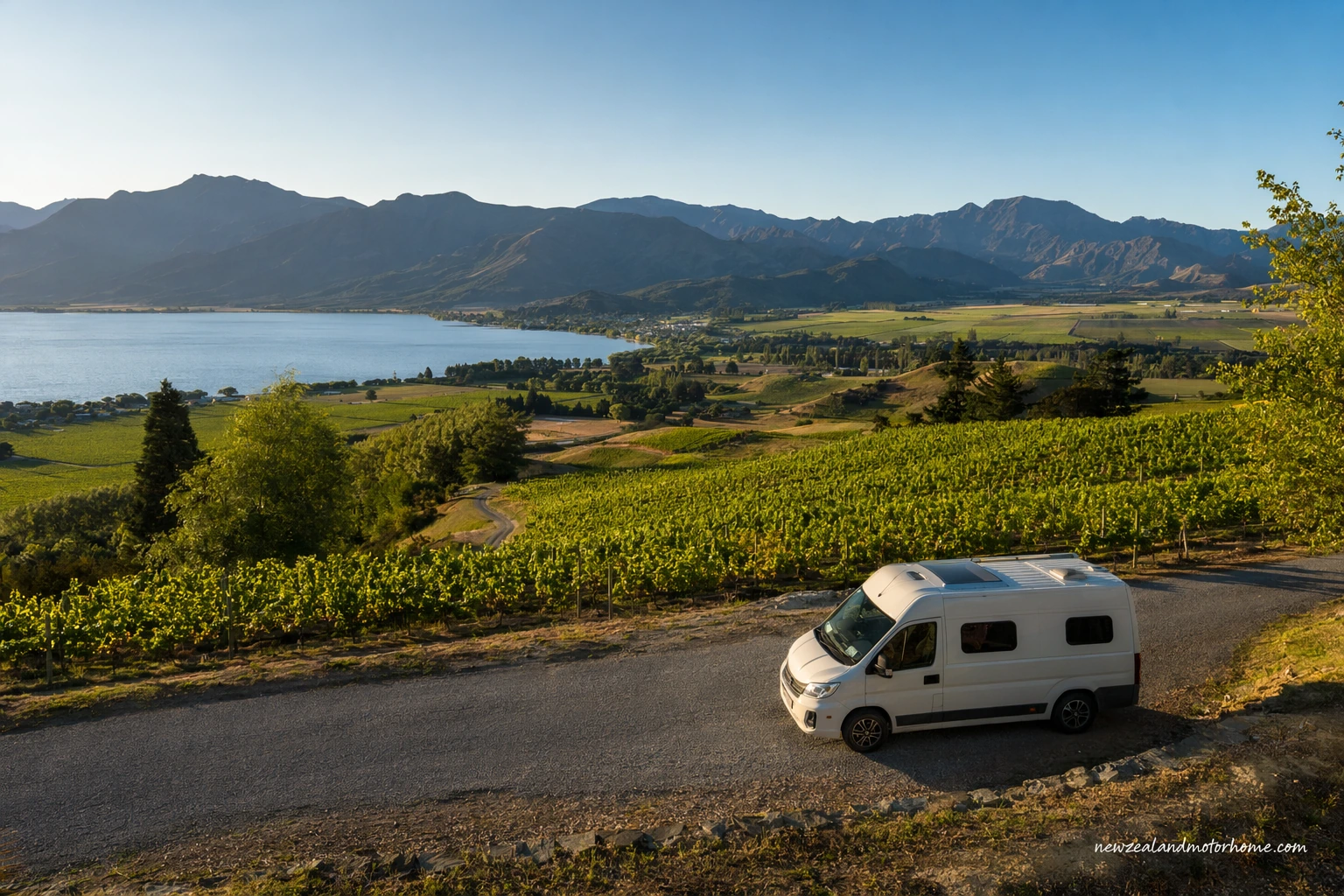 Campervan parked above the Marlborough Sounds near Picton on a clear summer day