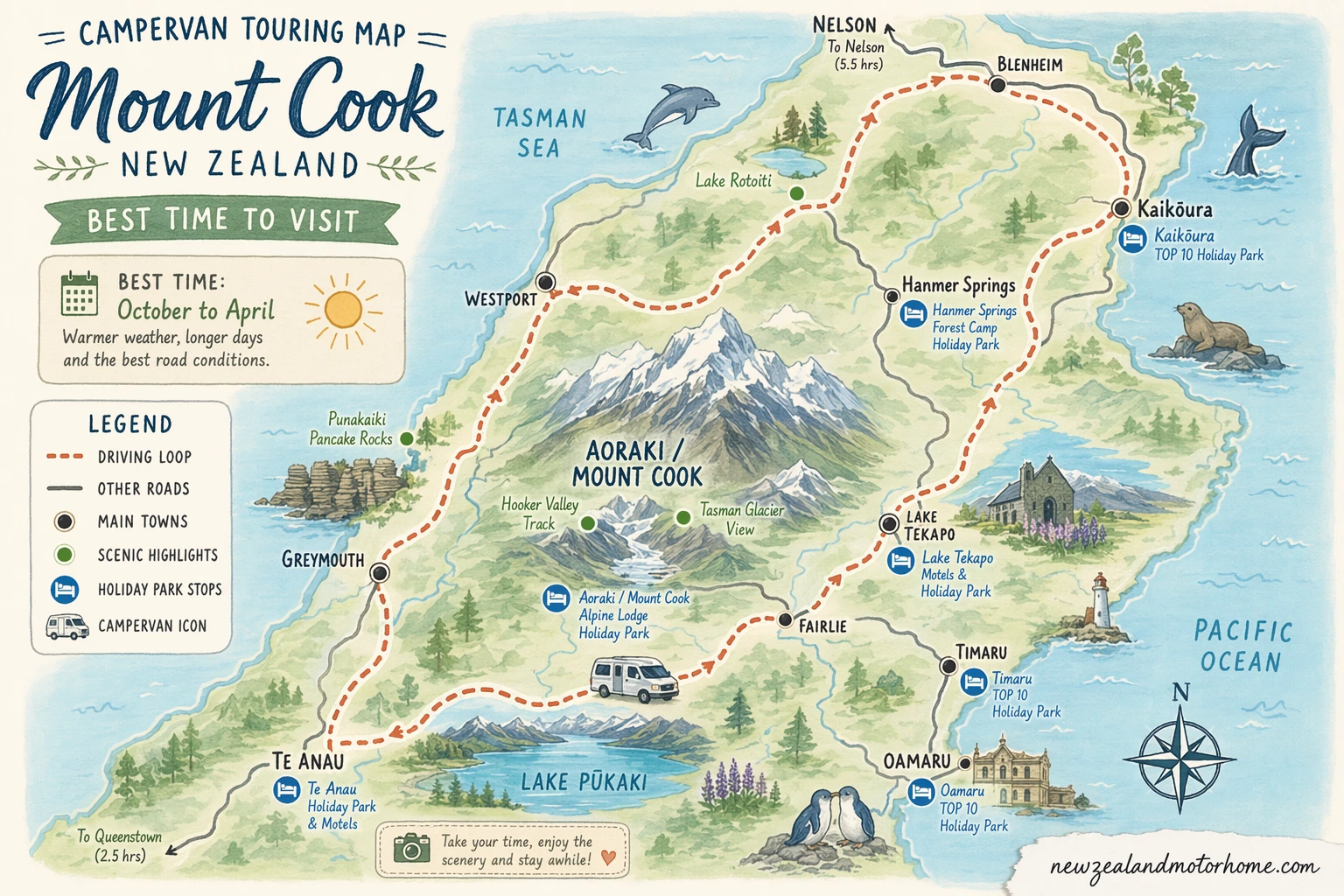 Illustrated campervan map — best time to visit mount cook nz