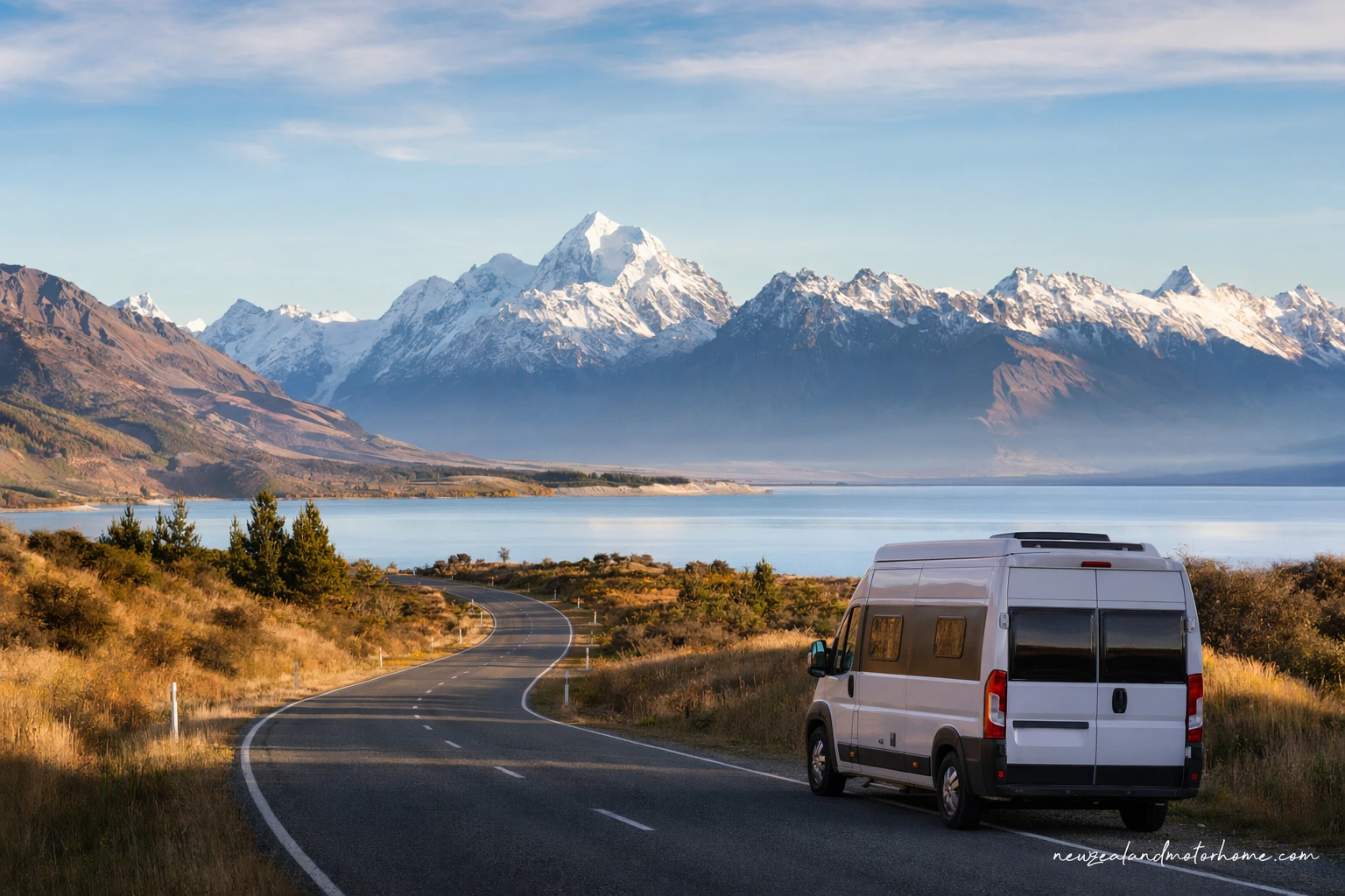 Campervan parked near Aoraki Mount Cook with snow-covered peaks and alpine road scenery