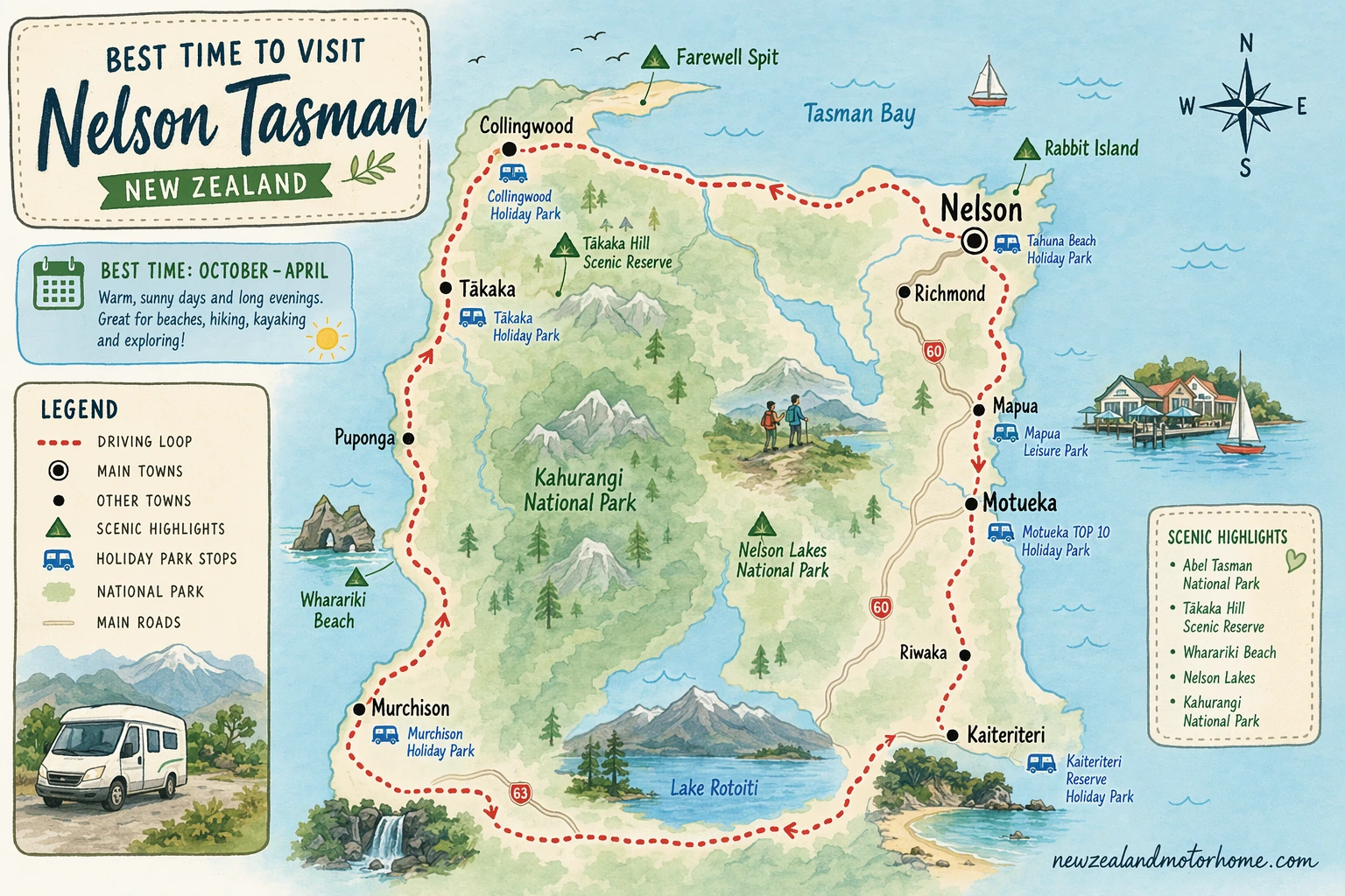 Illustrated campervan map — best time to visit nelson tasman nz