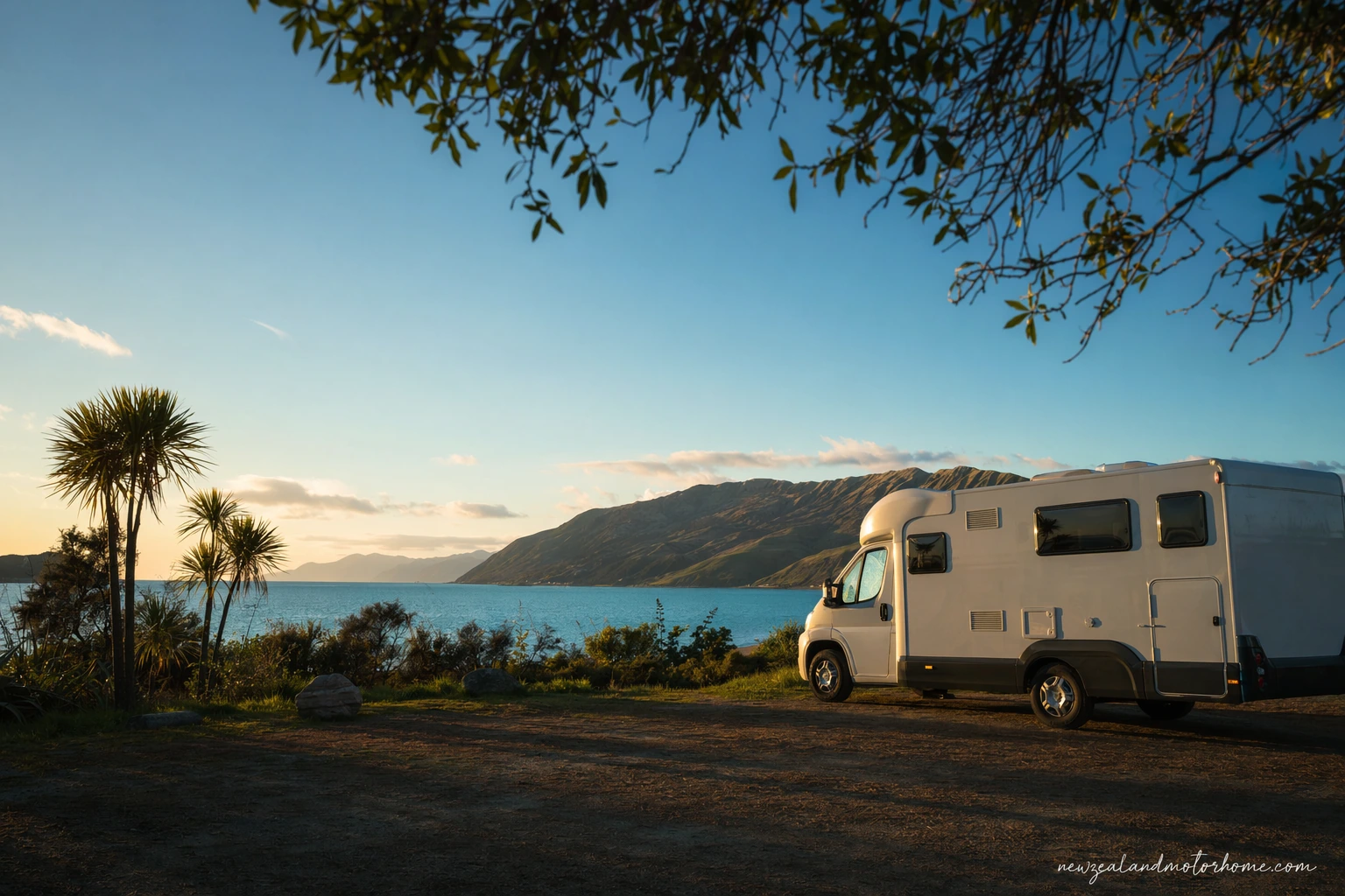 Campervan parked near the coast in Nelson Tasman with golden beach and hills beyond