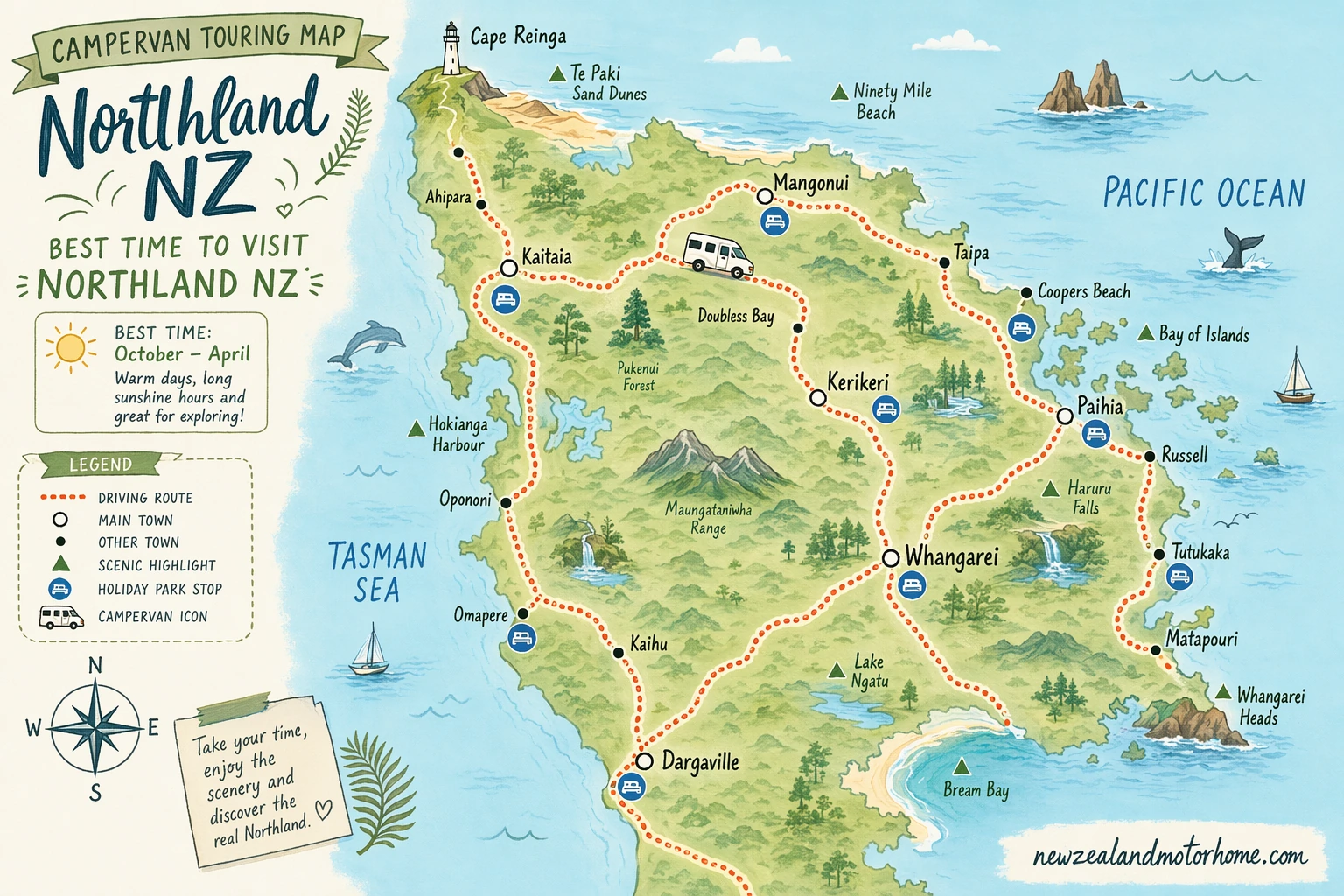 Illustrated campervan map — best time to visit northland nz