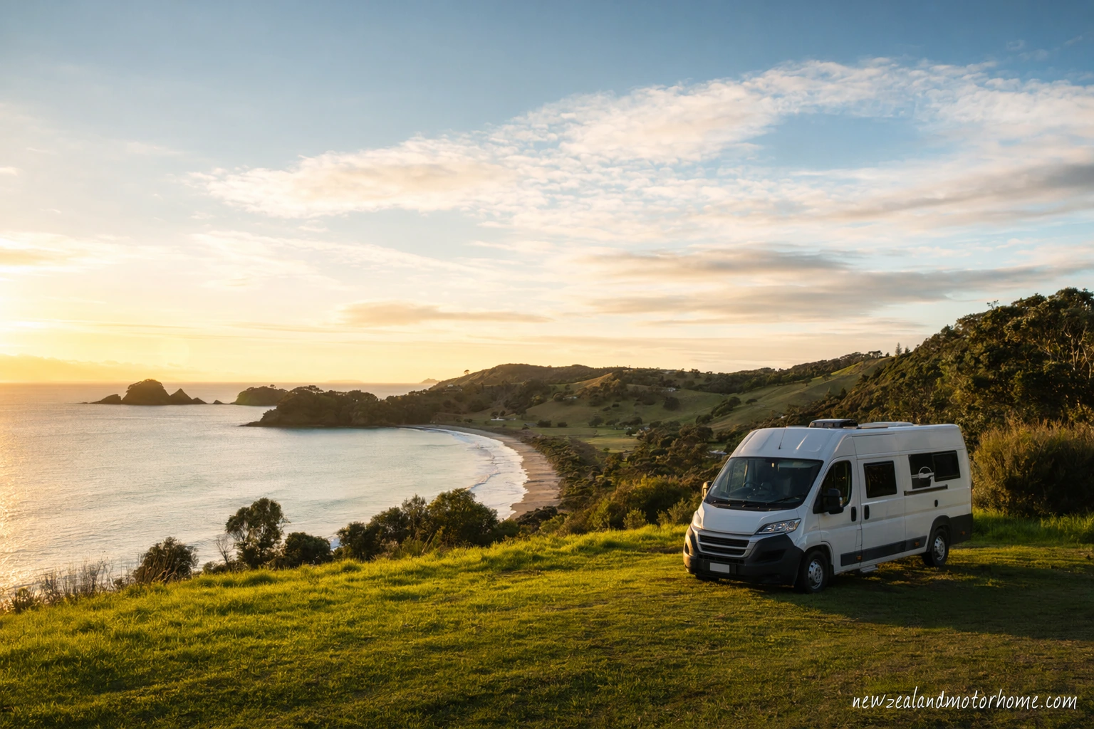 Campervan parked near a Northland beach at sunset with coastal hills and harbour water beyond
