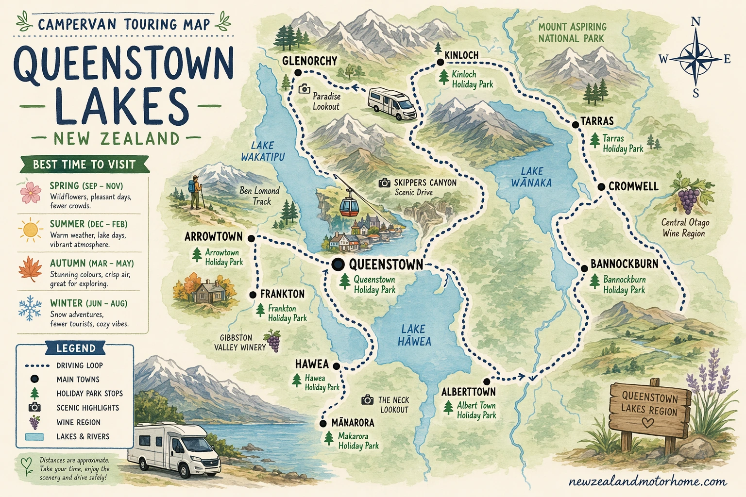 Illustrated campervan map — best time to visit queenstown lakes nz