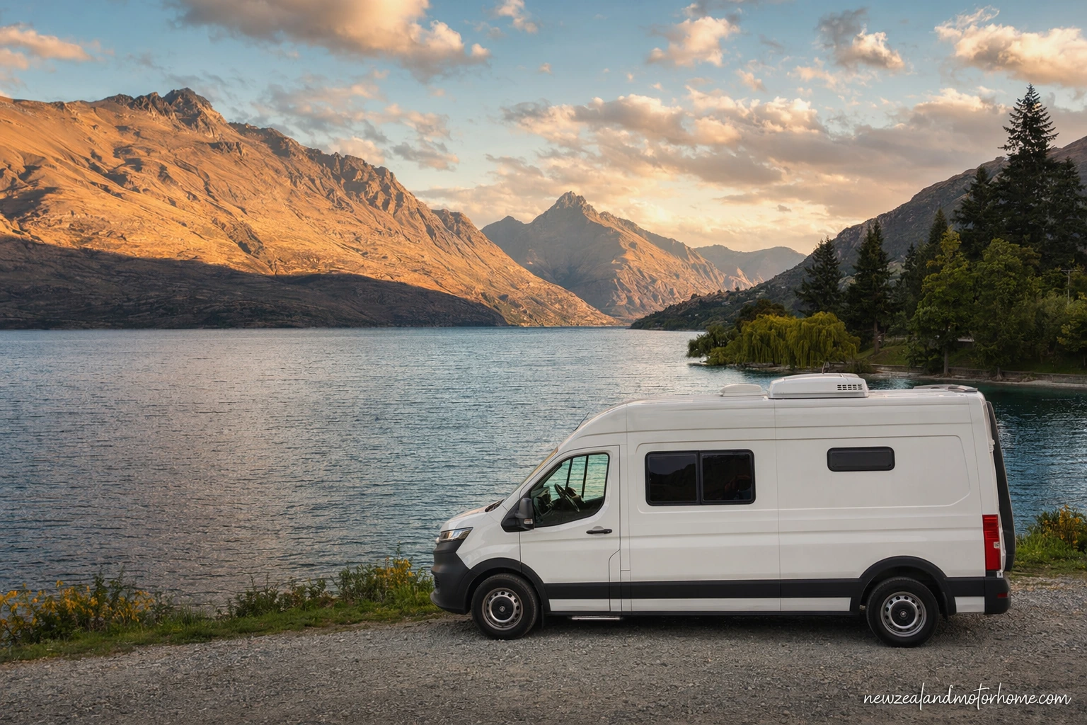 Campervan parked beside Lake Wānaka in the Queenstown Lakes region with mountains in the background