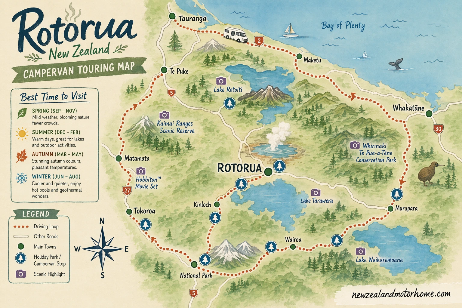 Illustrated campervan map — best time to visit rotorua nz
