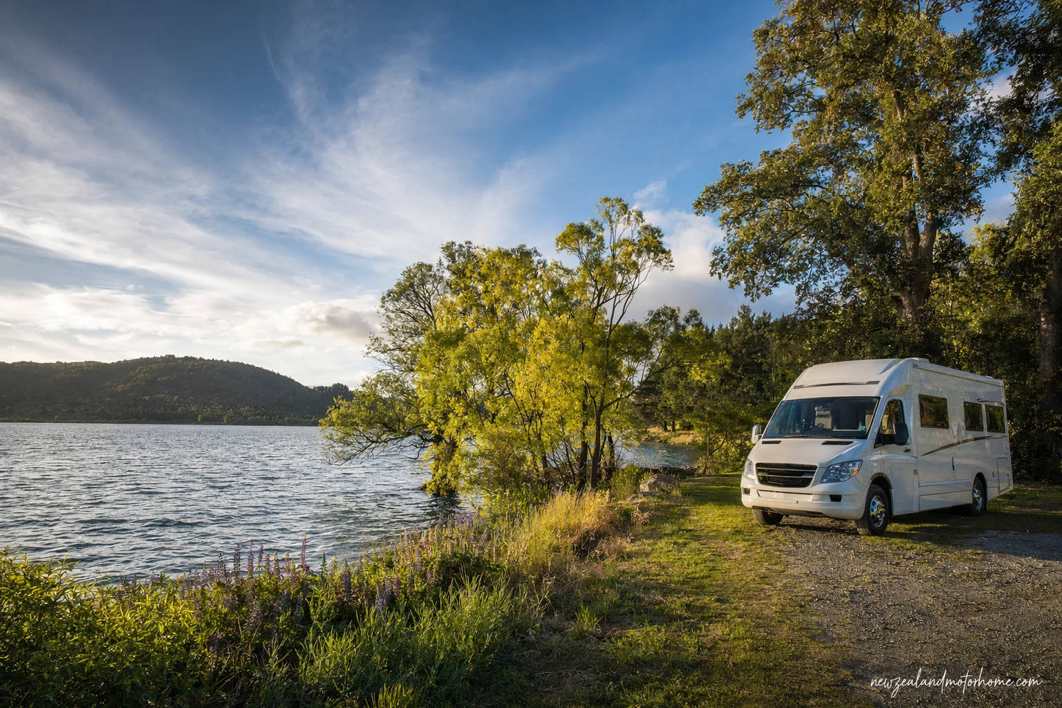 Campervan parked near Lake Rotorua with geothermal steam rising in Rotorua