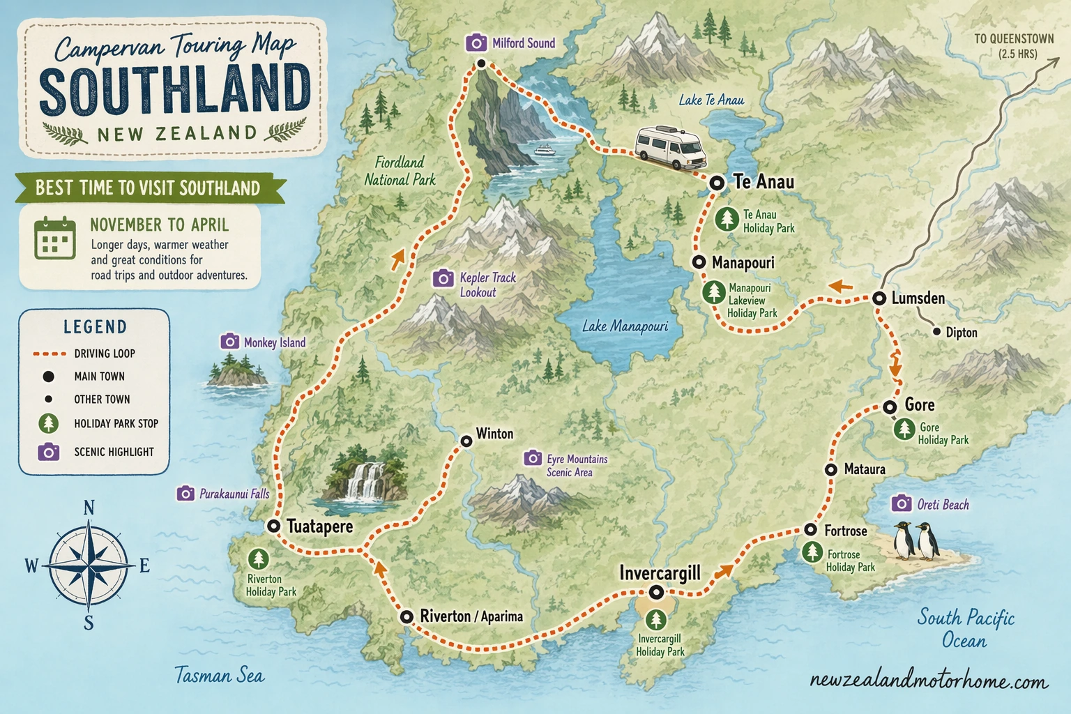 Illustrated campervan map — best time to visit southland nz