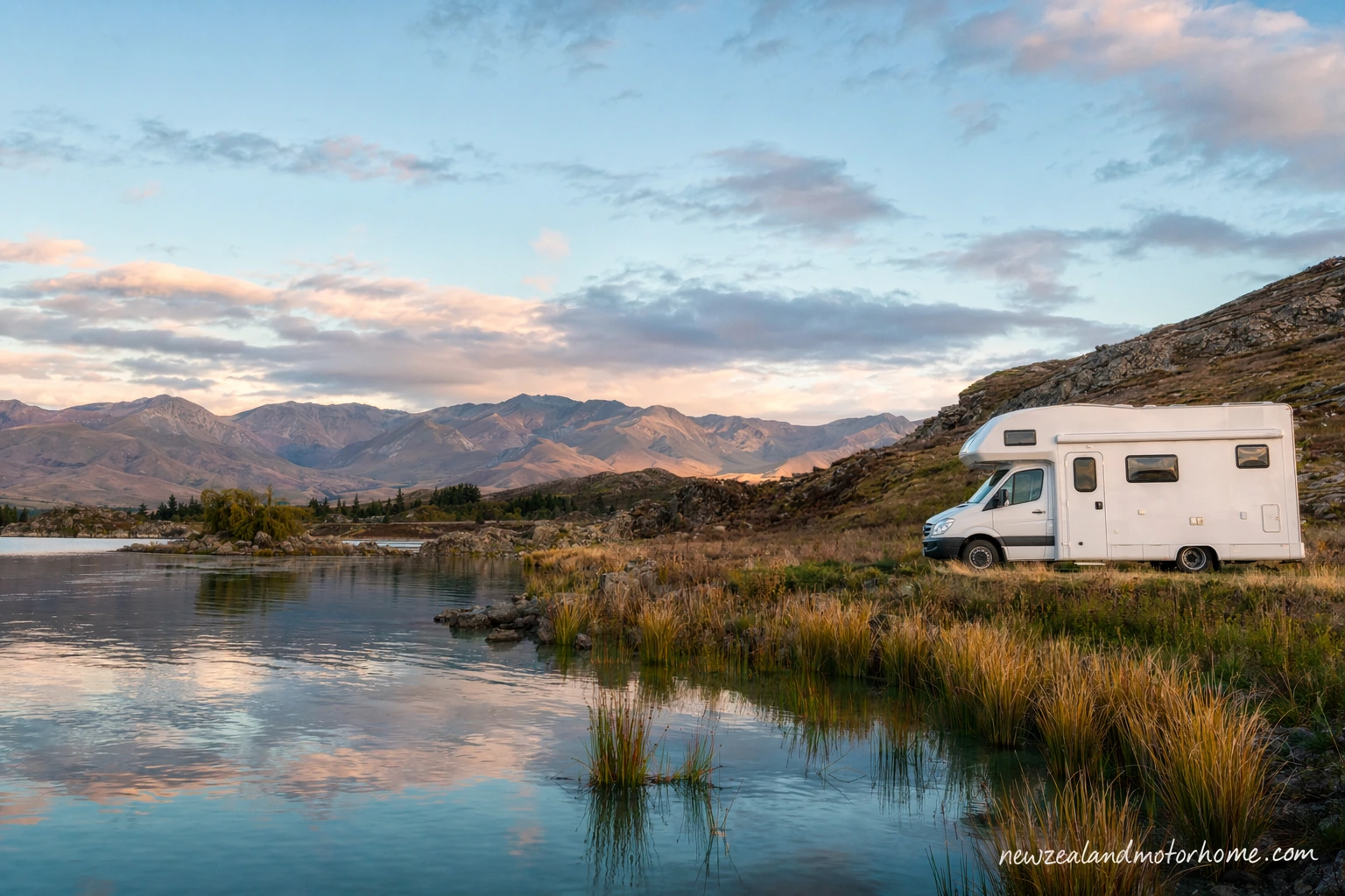 Campervan parked on a quiet Southland coastal road near Bluff with open farmland and cloudy southern sky