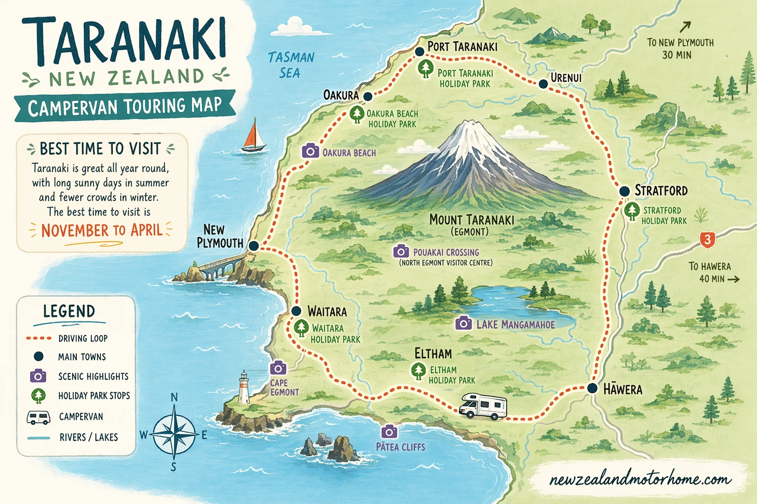 Illustrated campervan map — best time to visit taranaki nz