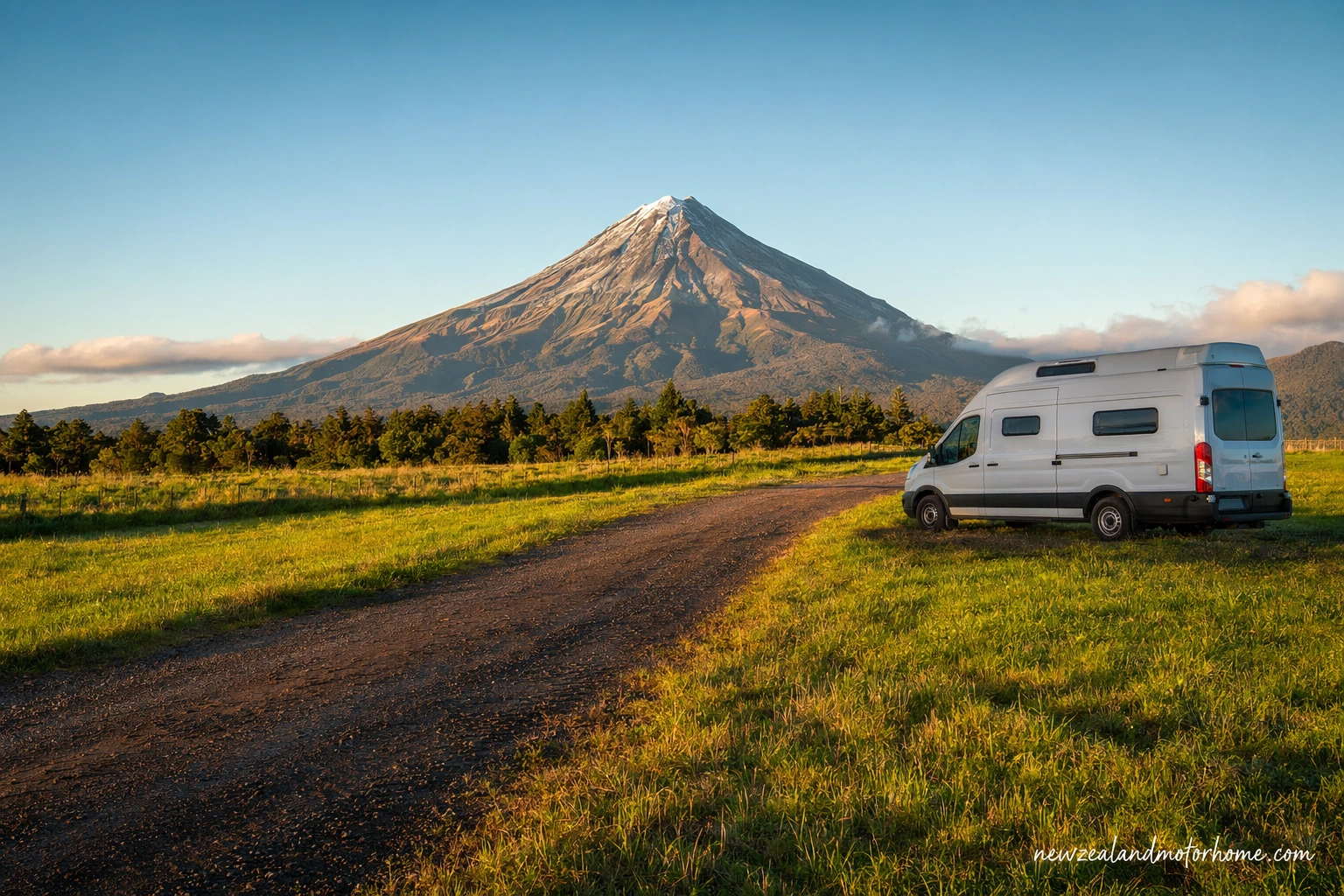 Campervan parked on the Taranaki coast with Mount Taranaki rising beyond the road
