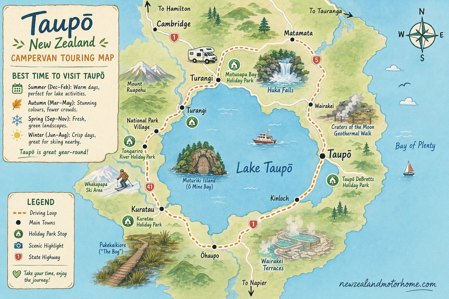 Illustrated campervan map — best time to visit taupo nz